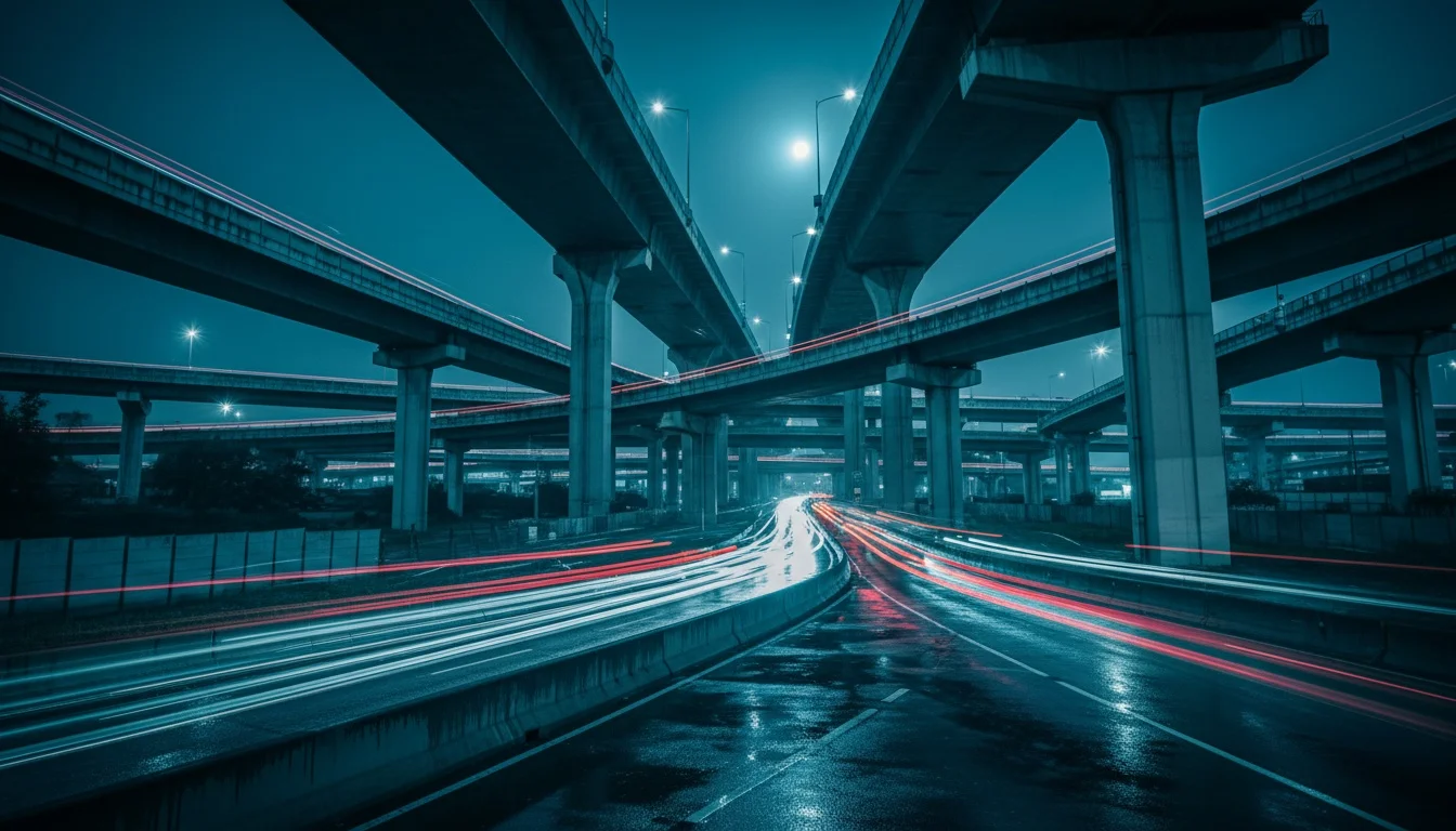 Highway traffic light trails motion blur at night