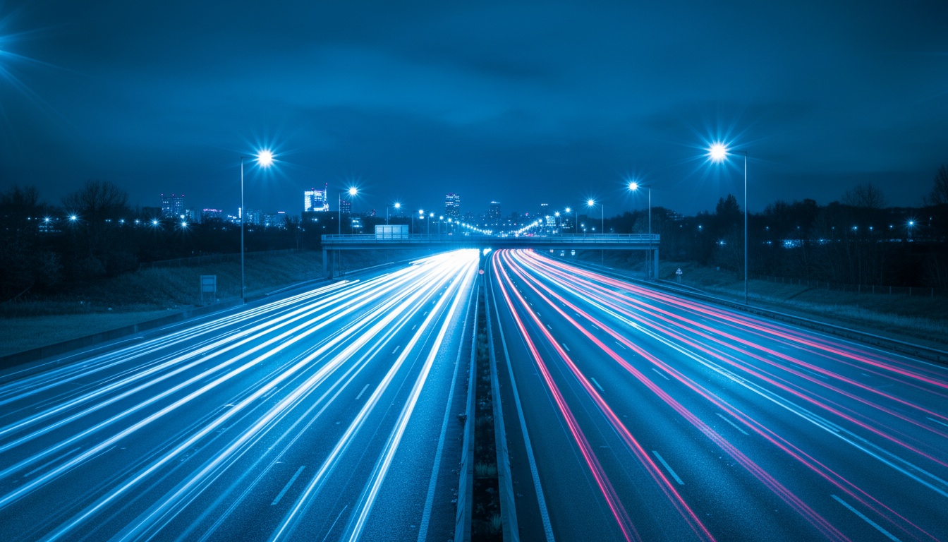 Highway traffic light trails motion blur at night